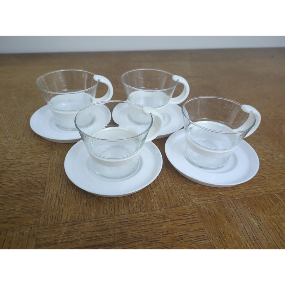 Set of 4 - Retro Bodum Glass Coffee Tea Mugs White Plastic Handle w/ Coasters
